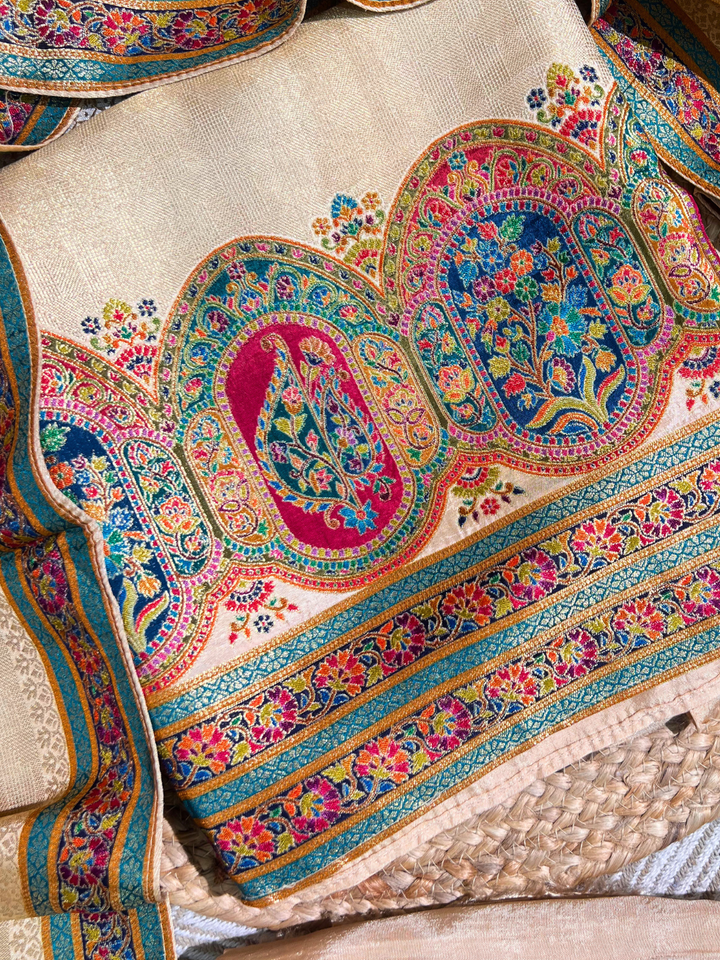 Yellow Shimmer Tissue Unstitched Suit with Weaving Embroidery 2