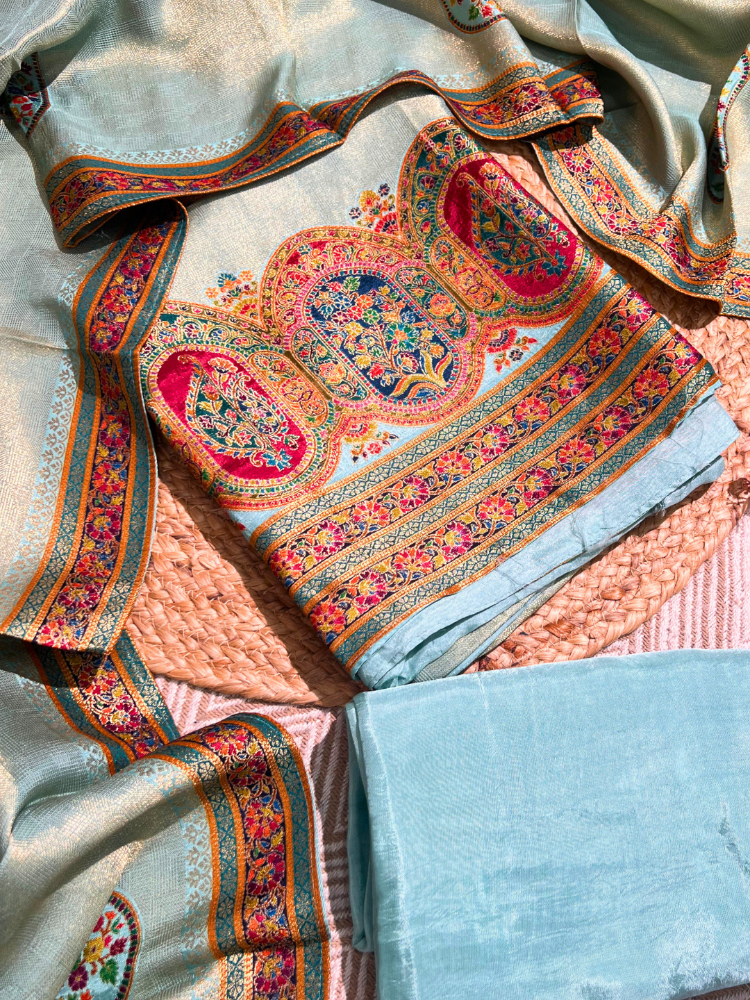 Blue Gray Shimmer Tissue Unstitched Suit with Weaving Embroidery 2