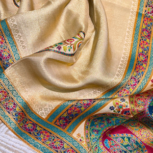 Yellow Shimmer Tissue Unstitched Suit with Weaving Embroidery 3