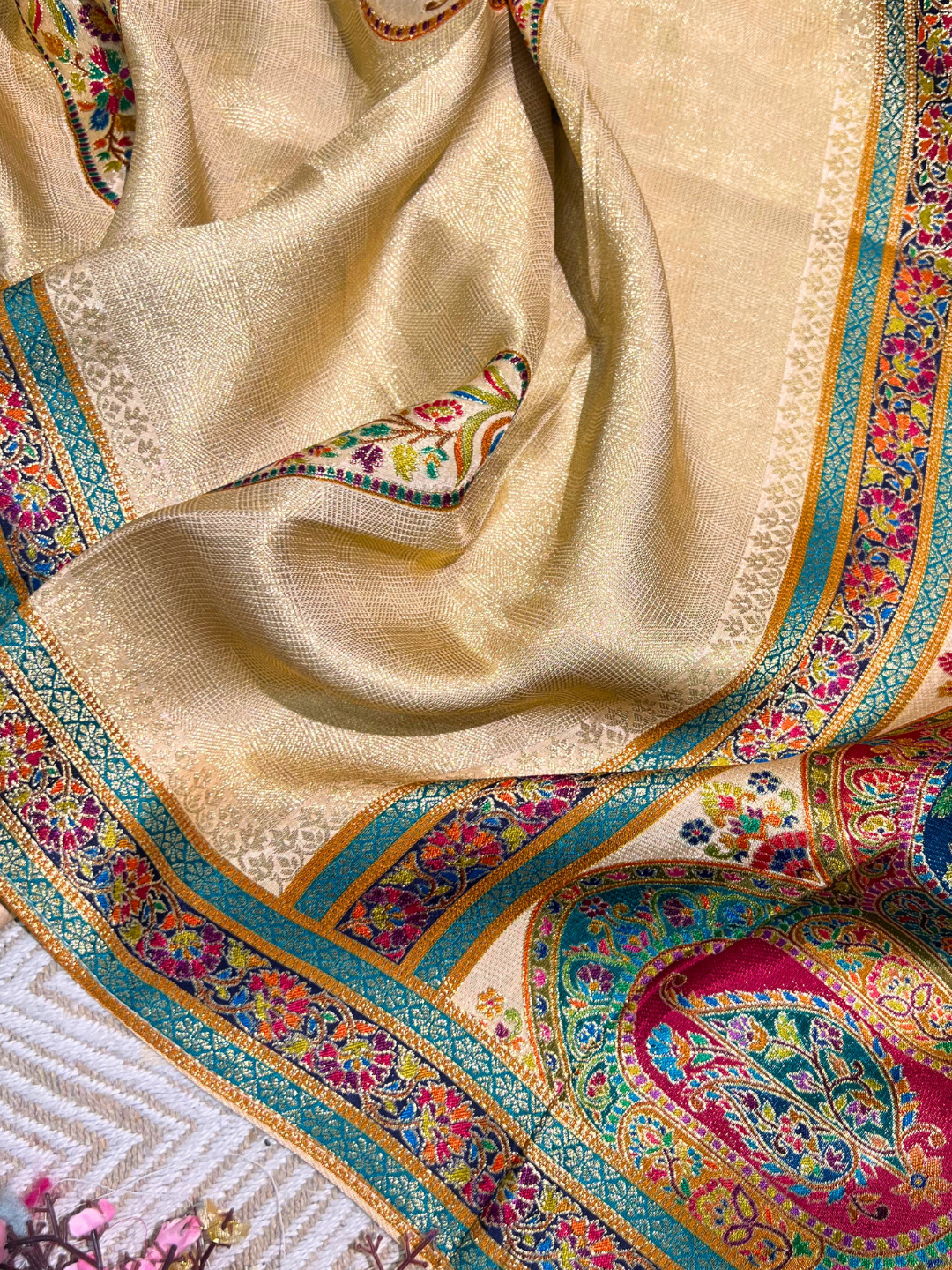 Yellow Shimmer Tissue Unstitched Suit with Weaving Embroidery 3