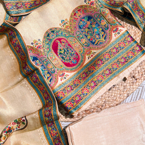 Yellow Shimmer Tissue Unstitched Suit with Weaving Embroidery 4