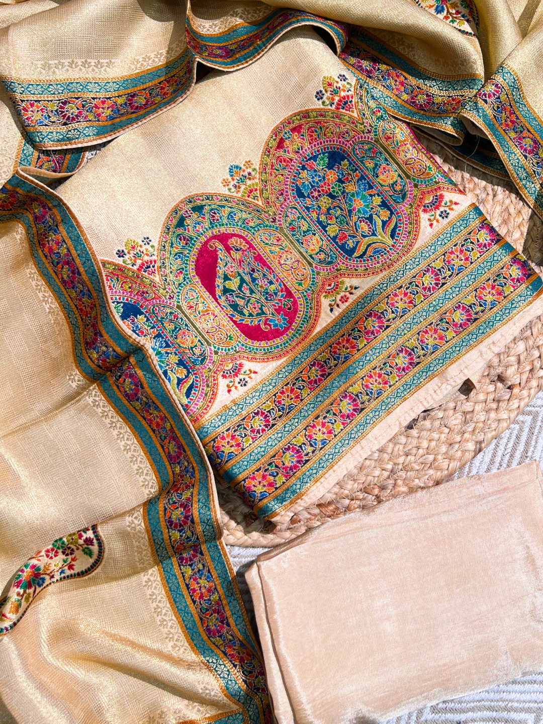Yellow Shimmer Tissue Unstitched Suit with Weaving Embroidery 4