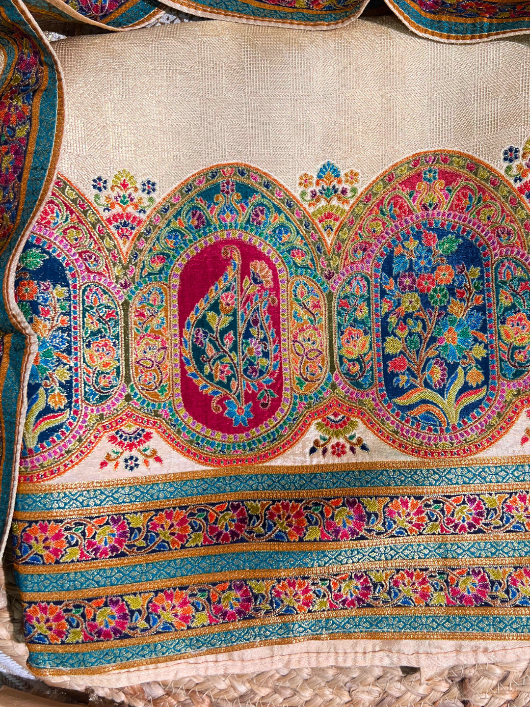 Yellow Shimmer Tissue Unstitched Suit with Weaving Embroidery 5