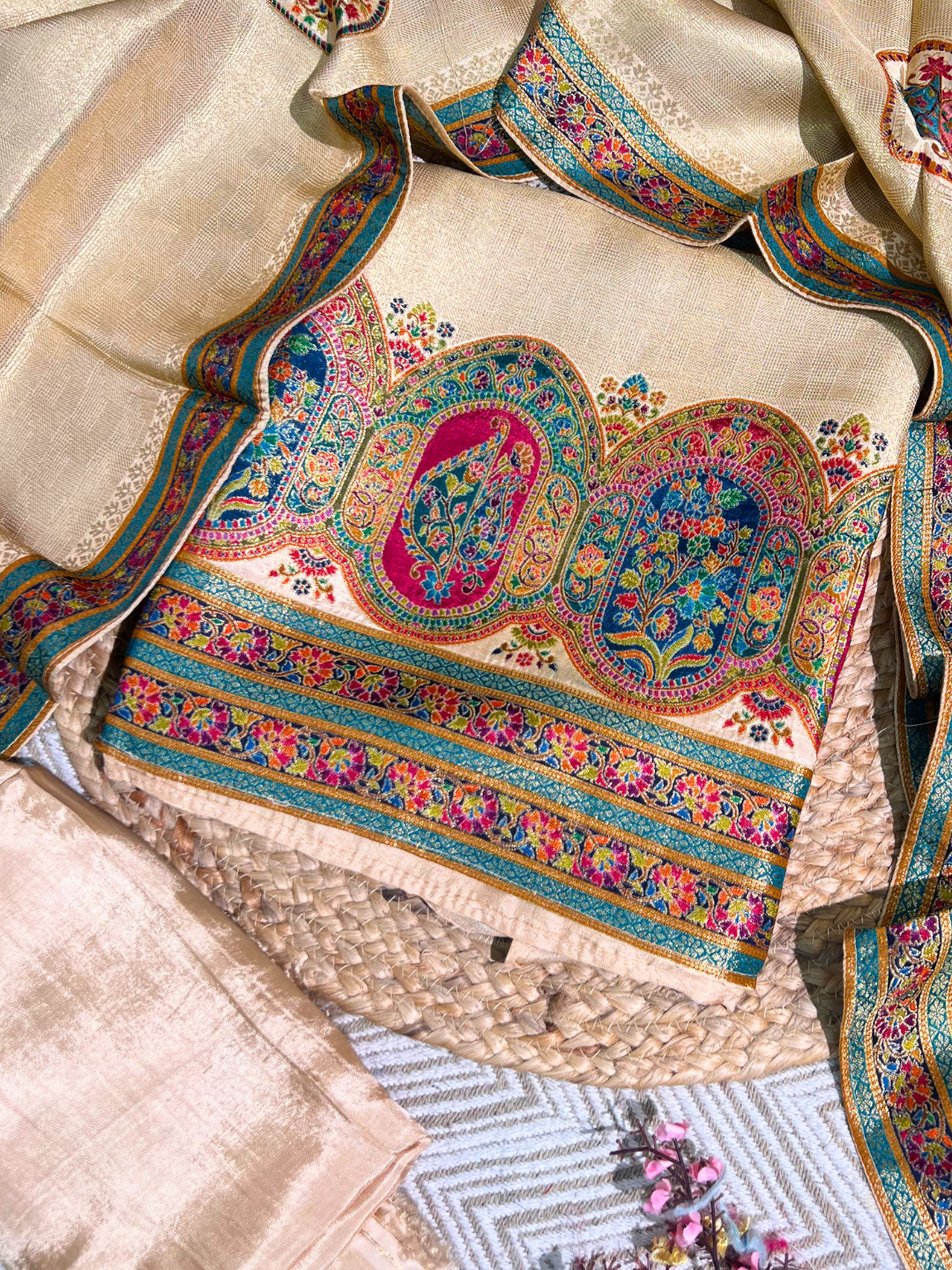 Yellow Shimmer Tissue Unstitched Suit with Weaving Embroidery 6