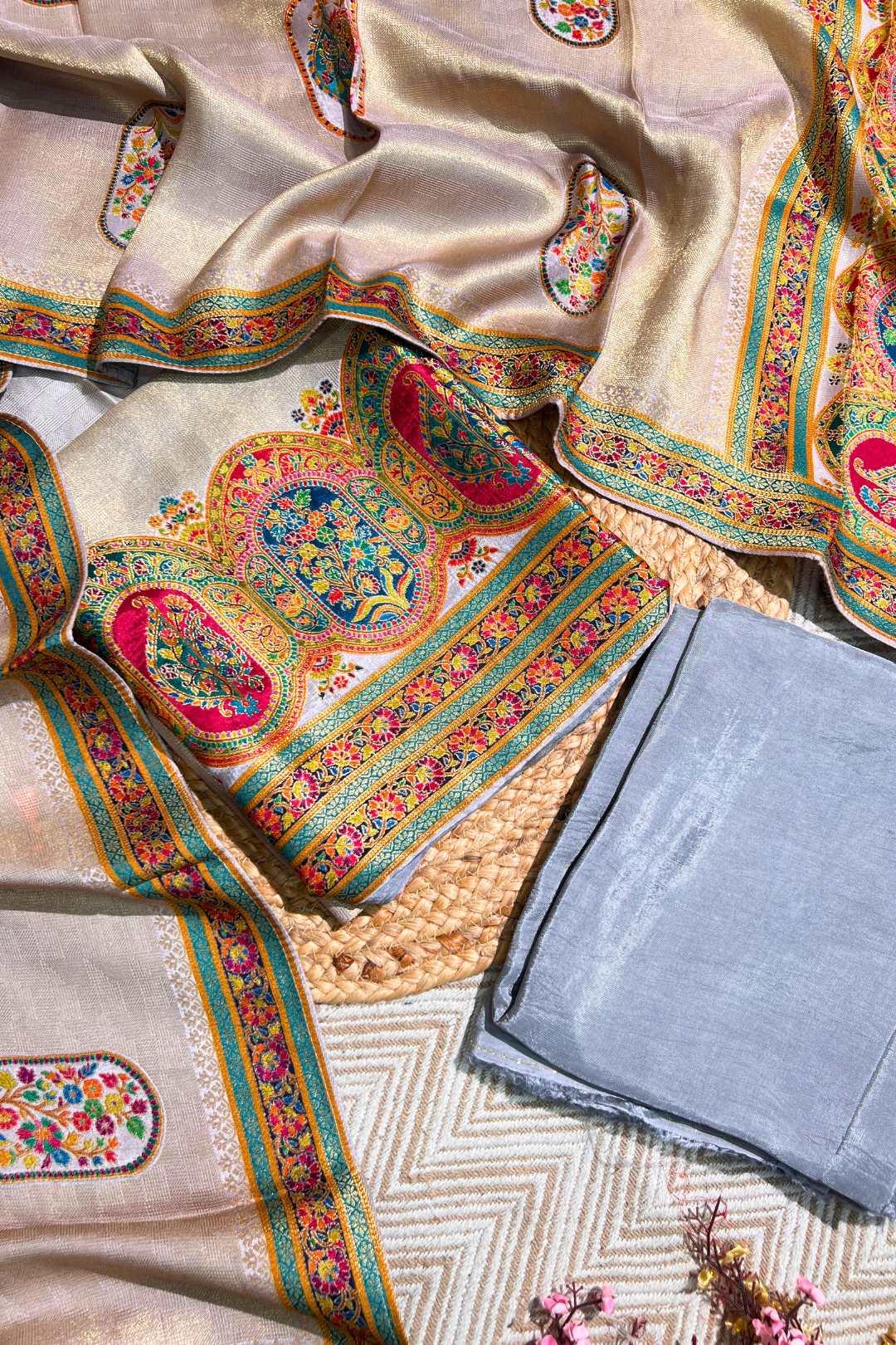 Golden Shimmer Tissue Unstitched Suit with Weaving Embroidery 1