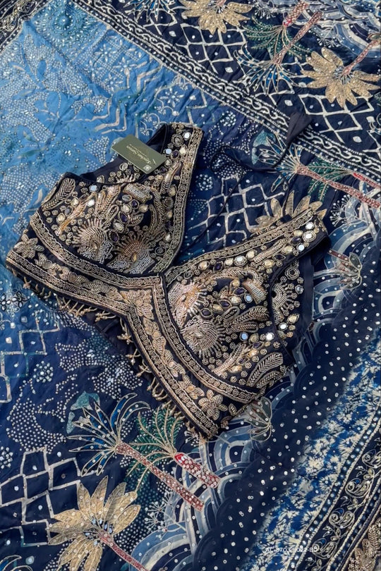 Navy Blue Crepe Saree Embellished With Stone, Sequins & Cut Dana Work