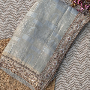 Sky Blue Brocade Unstitched Saree Embellished With Moti, Sequins & Cutdana Work