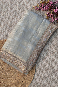 Sky Blue Brocade Unstitched Saree Embellished With Moti, Sequins & Cutdana Work