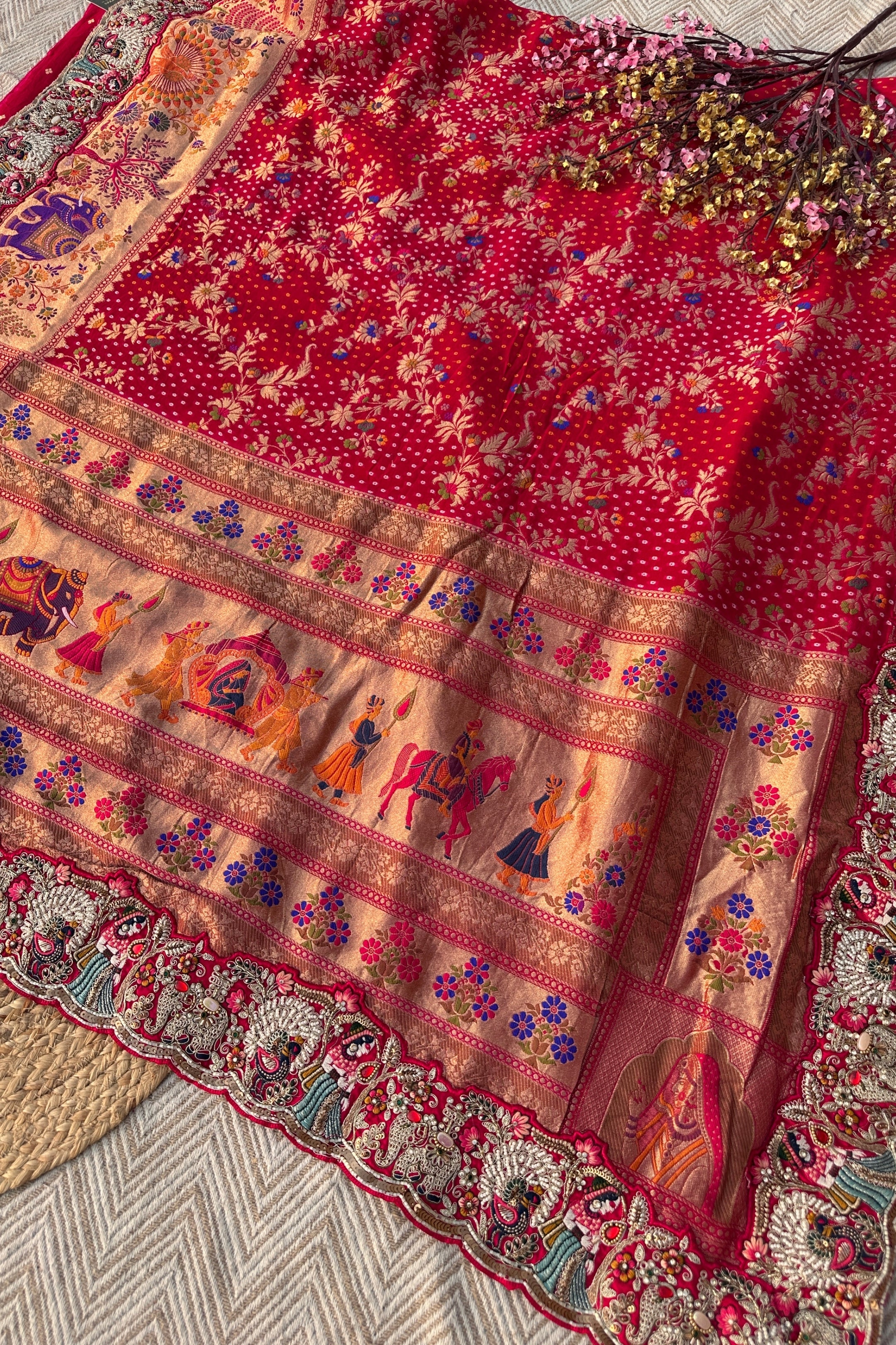 Red Georgette Unstitched Saree Embellished With Thread, Sequins, Zari, Moti & Cutdana work
