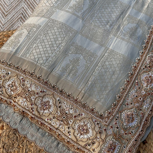 Sky Blue Brocade Unstitched Saree Embellished With Moti, Sequins & Cutdana Work