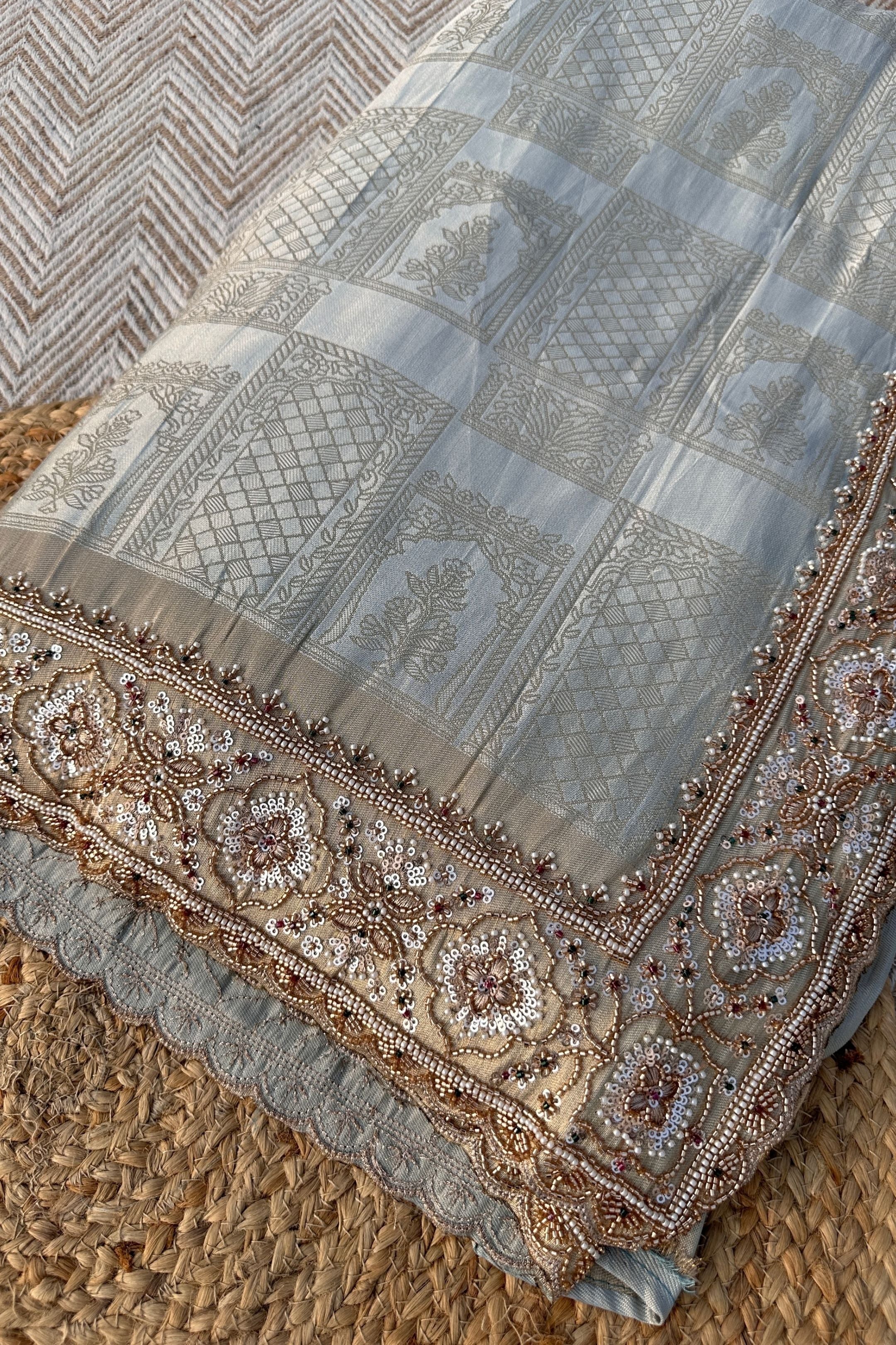 Sky Blue Brocade Unstitched Saree Embellished With Moti, Sequins & Cutdana Work