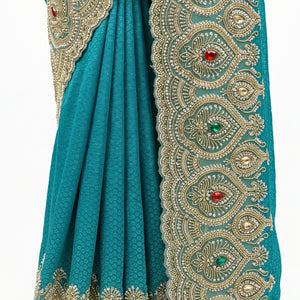 Turquoise Brocade Saree Embellished With Cut Dana, Stone, Sequins & Moti Work