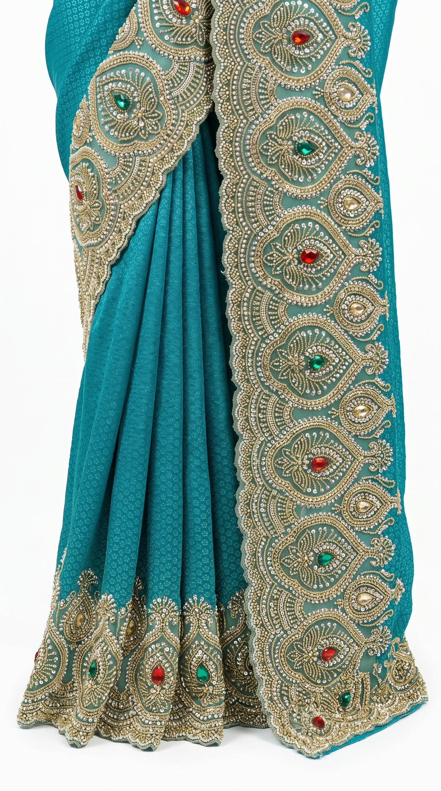 Turquoise Brocade Saree Embellished With Cut Dana, Stone, Sequins & Moti Work