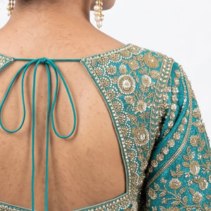 Turquoise Brocade Saree Embellished With Cut Dana, Stone, Sequins & Moti Work
