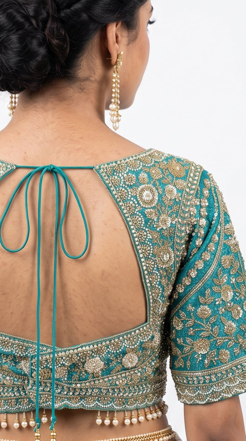 Turquoise Brocade Saree Embellished With Cut Dana, Stone, Sequins & Moti Work