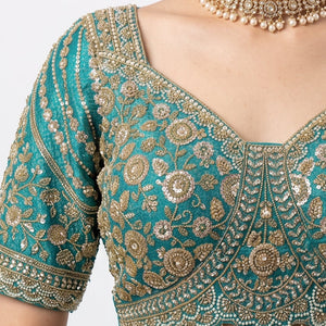 Turquoise Brocade Saree Embellished With Cut Dana, Stone, Sequins & Moti Work