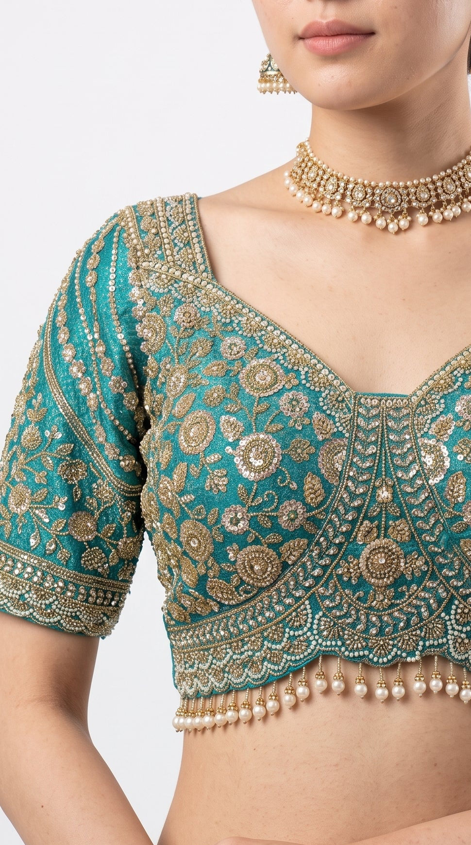 Turquoise Brocade Saree Embellished With Cut Dana, Stone, Sequins & Moti Work