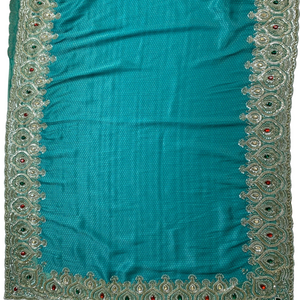Turquoise Brocade Saree Embellished With Cut Dana, Stone, Sequins & Moti Work