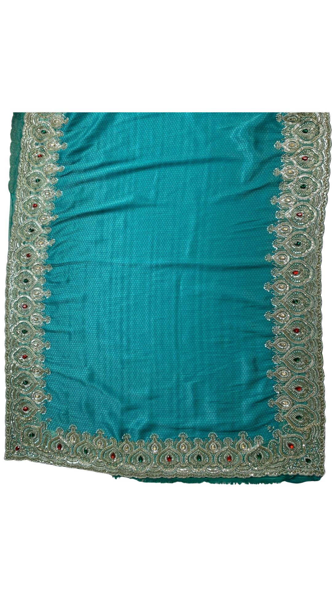 Turquoise Brocade Saree Embellished With Cut Dana, Stone, Sequins & Moti Work