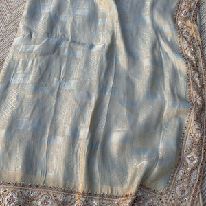 Sky Blue Brocade Unstitched Saree Embellished With Moti, Sequins & Cutdana Work