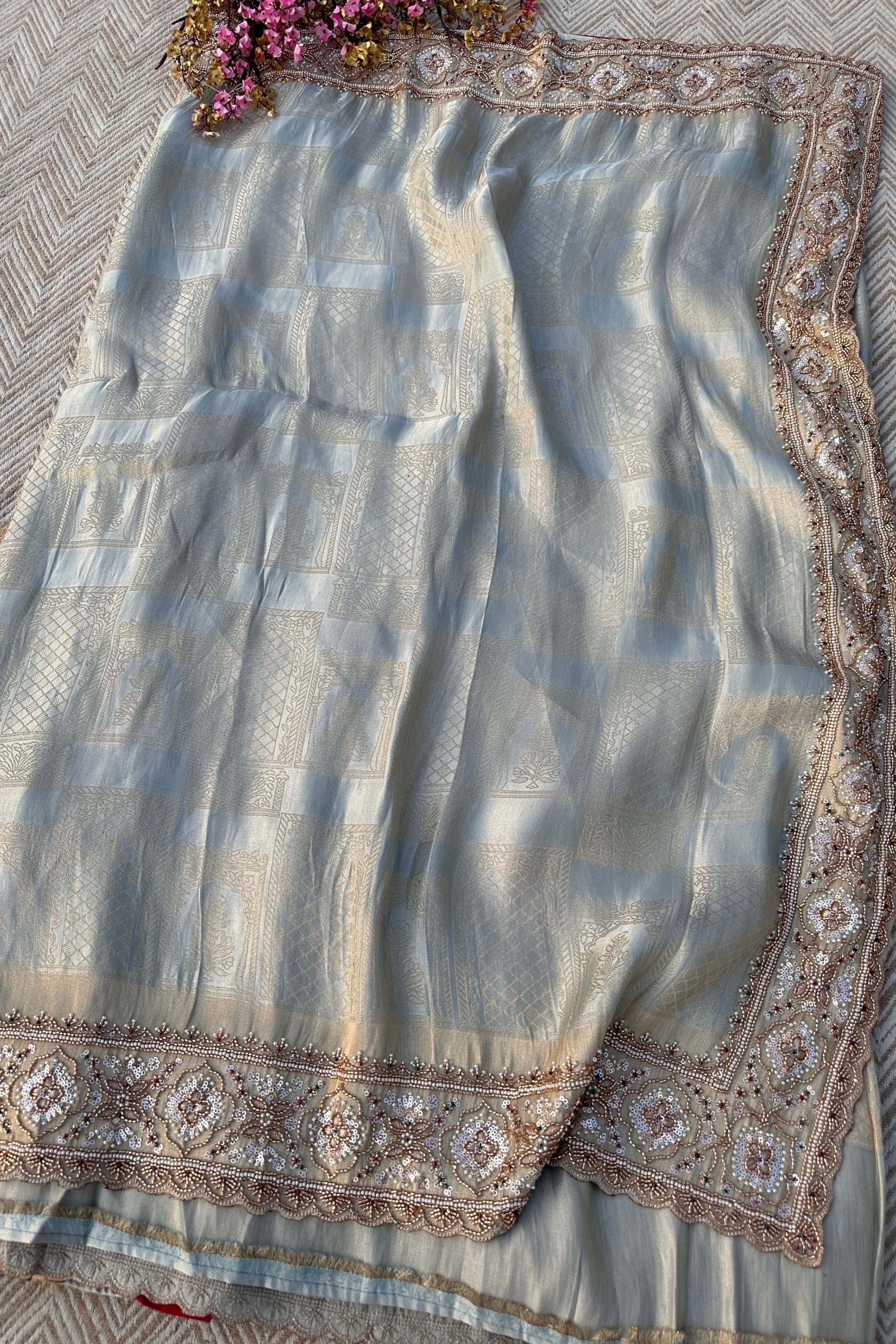 Sky Blue Brocade Unstitched Saree Embellished With Moti, Sequins & Cutdana Work