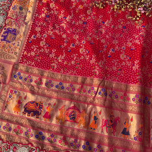 Red Georgette Unstitched Saree Embellished With Thread, Sequins, Zari, Moti & Cutdana work