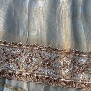 Sky Blue Brocade Unstitched Saree Embellished With Moti, Sequins & Cutdana Work