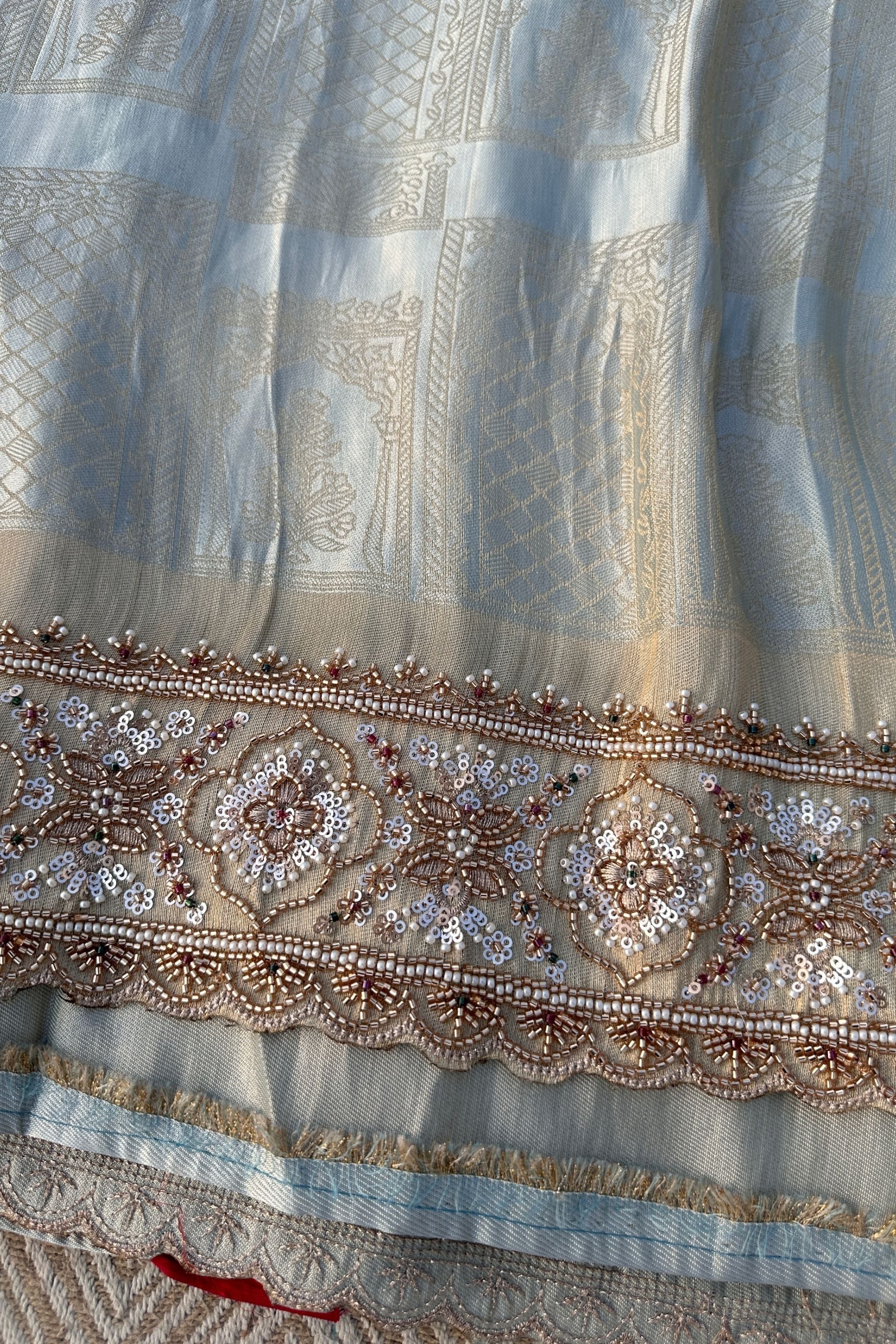 Sky Blue Brocade Unstitched Saree Embellished With Moti, Sequins & Cutdana Work