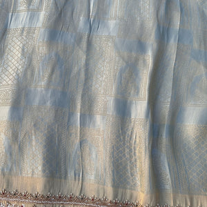 Sky Blue Brocade Unstitched Saree Embellished With Moti, Sequins & Cutdana Work