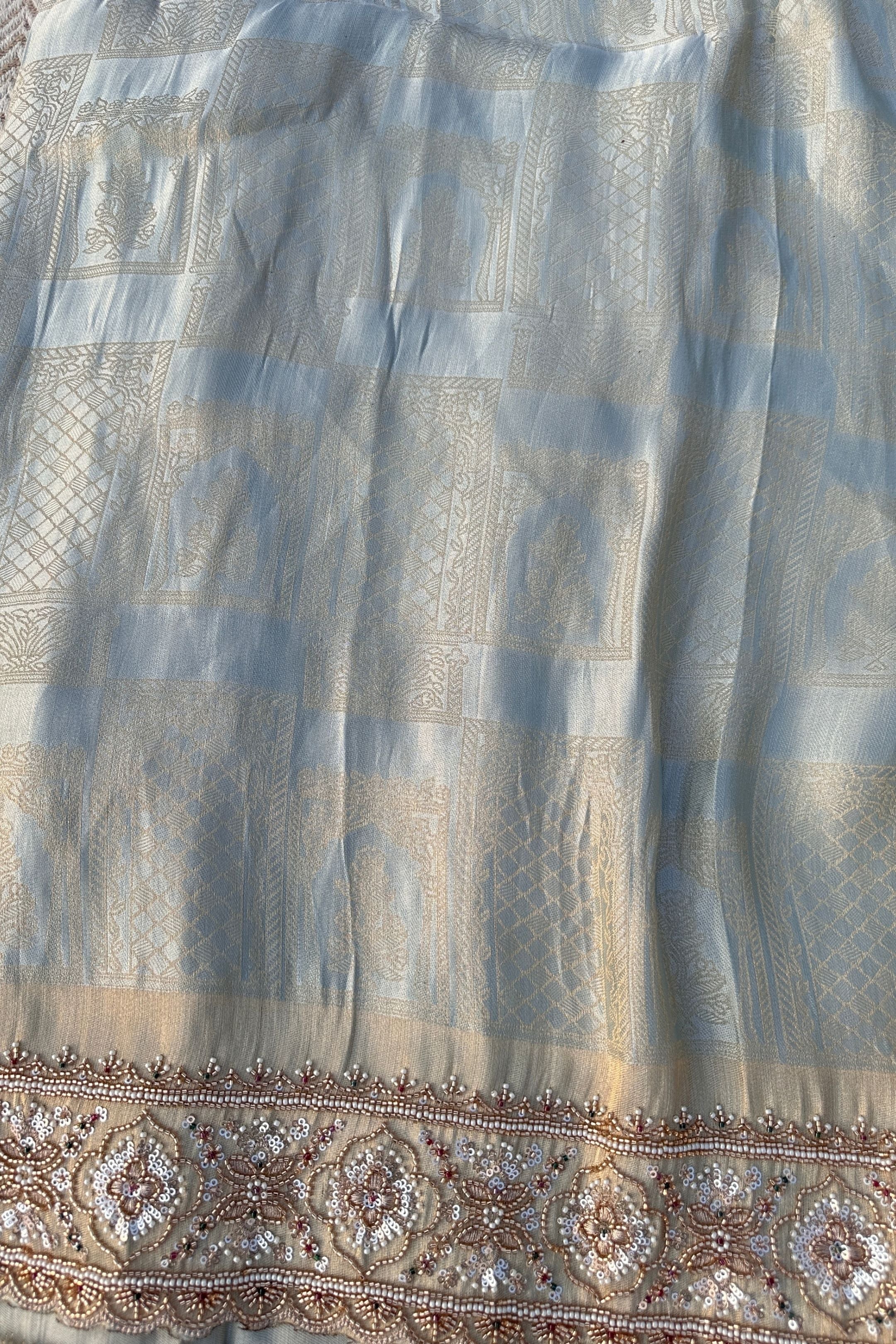 Sky Blue Brocade Unstitched Saree Embellished With Moti, Sequins & Cutdana Work