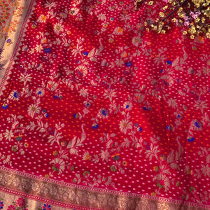 Red Georgette Unstitched Saree Embellished With Thread, Sequins, Zari, Moti & Cutdana work