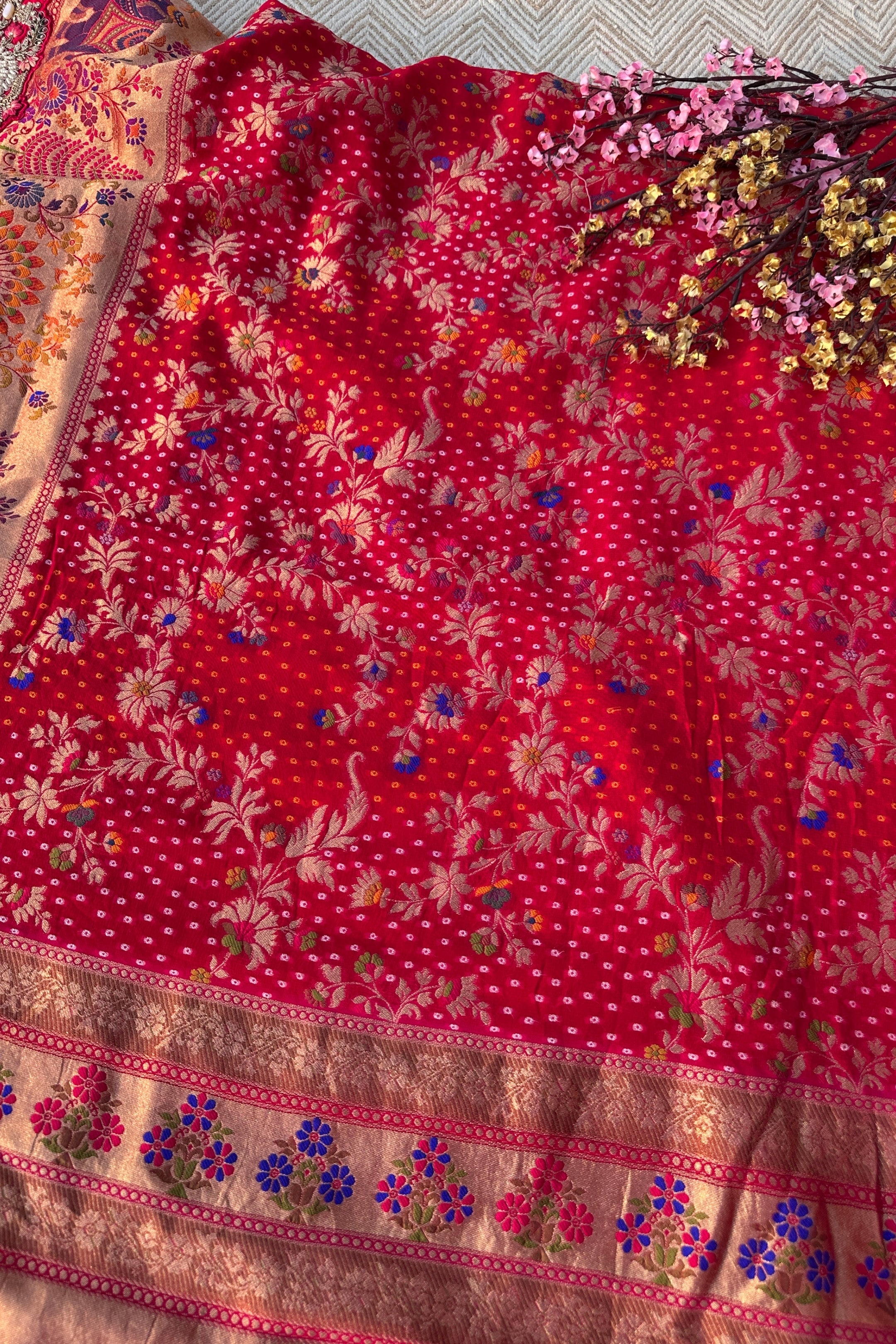 Red Georgette Unstitched Saree Embellished With Thread, Sequins, Zari, Moti & Cutdana work