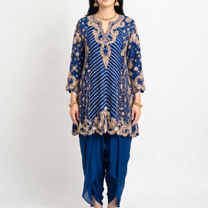 Navy Blue Chinon Indo Western with Cutdana, Sequins and Pearl Embroidery 2