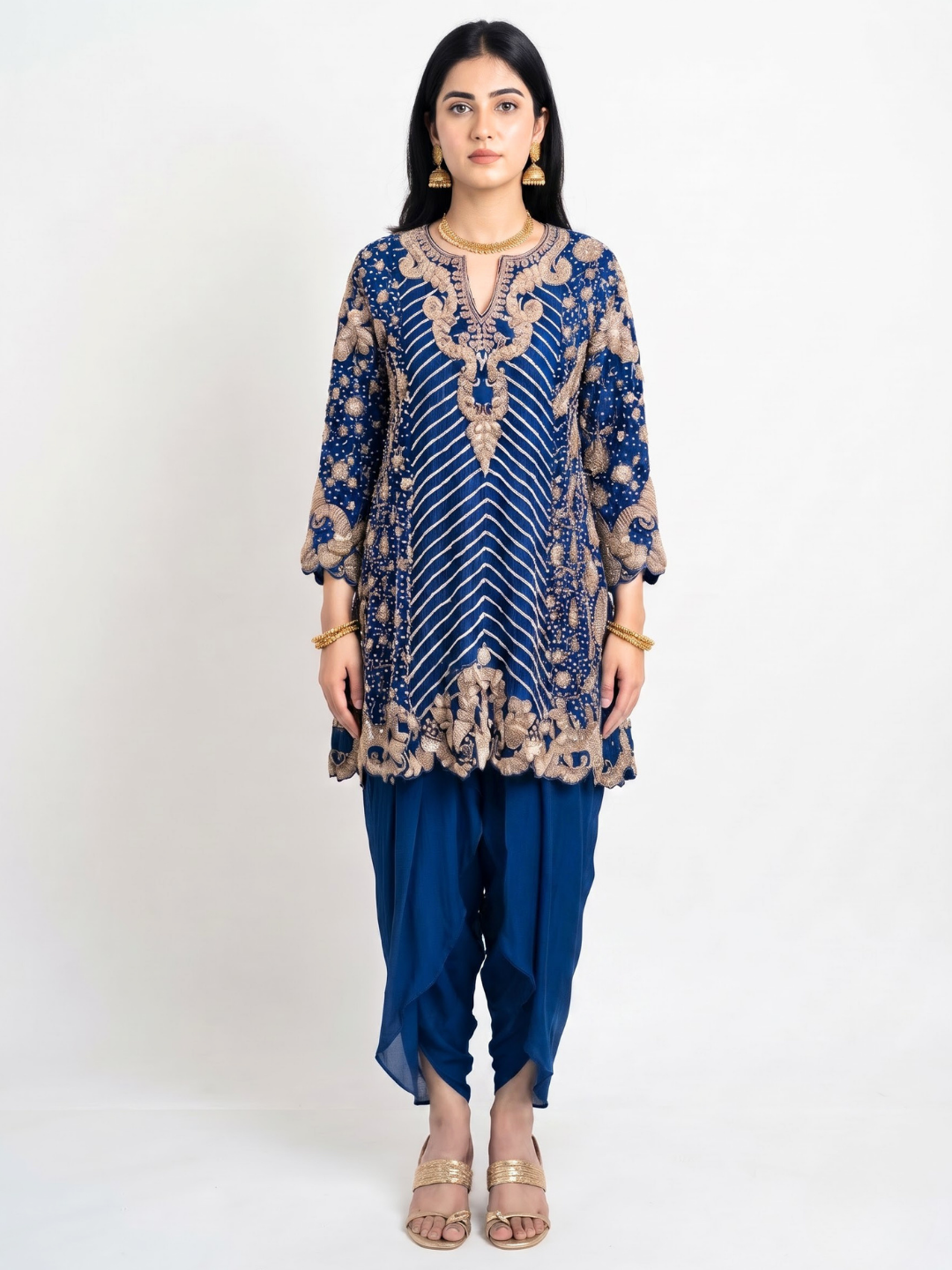Navy Blue Chinon Indo Western with Cutdana, Sequins and Pearl Embroidery 2