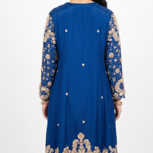 Navy Blue Chinon Indo Western with Cutdana, Sequins and Pearl Embroidery 5
