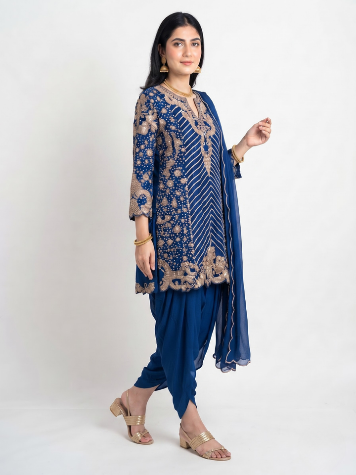 Navy Blue Chinon Indo Western with Cutdana, Sequins and Pearl Embroidery 1