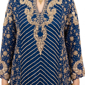 Navy Blue Chinon Indo Western with Cutdana, Sequins and Pearl Embroidery 3
