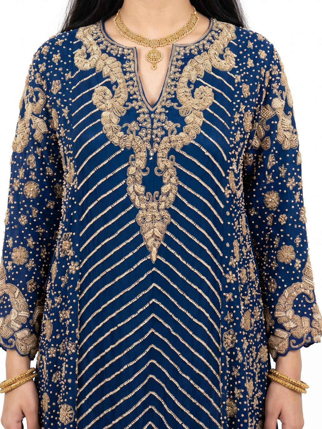 Navy Blue Chinon Indo Western with Cutdana, Sequins and Pearl Embroidery 3