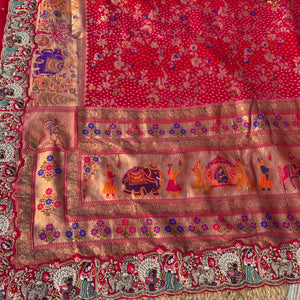 Red Georgette Unstitched Saree Embellished With Thread, Sequins, Zari, Moti & Cutdana work