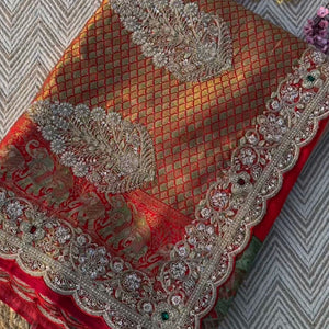 Red Rani Brocade Unstitched Saree Embellished With Sequins, Moti, Dabka & Cutdana Work