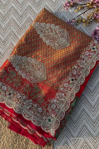 Red Rani Brocade Unstitched Saree Embellished With Sequins, Moti, Dabka & Cutdana Work