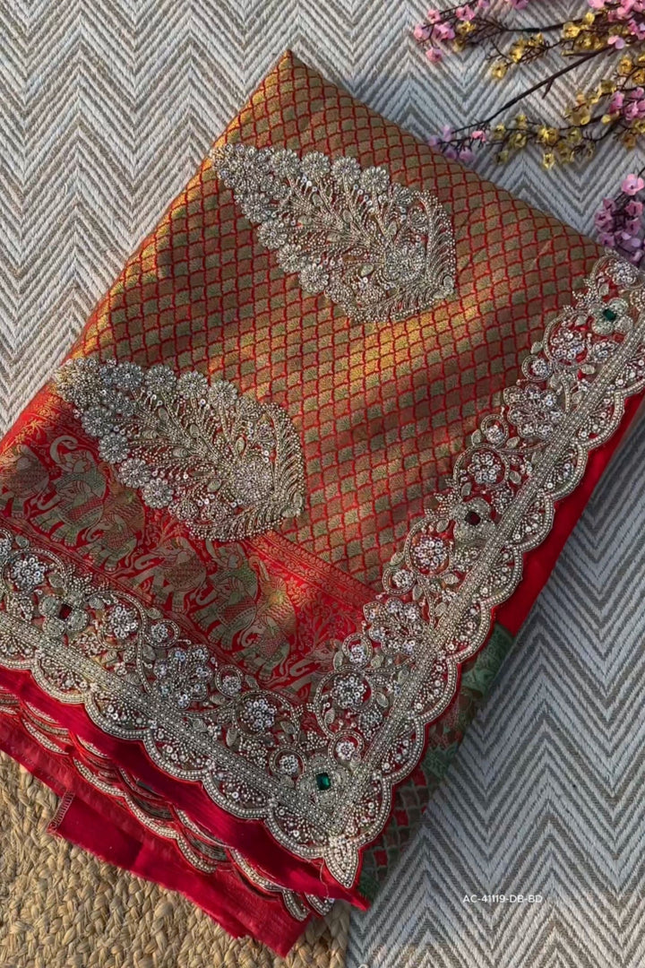 Red Rani Brocade Unstitched Saree Embellished With Sequins, Moti, Dabka & Cutdana Work