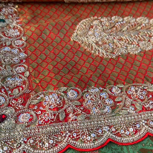 Red Rani Brocade Unstitched Saree Embellished With Sequins, Moti, Dabka & Cutdana Work