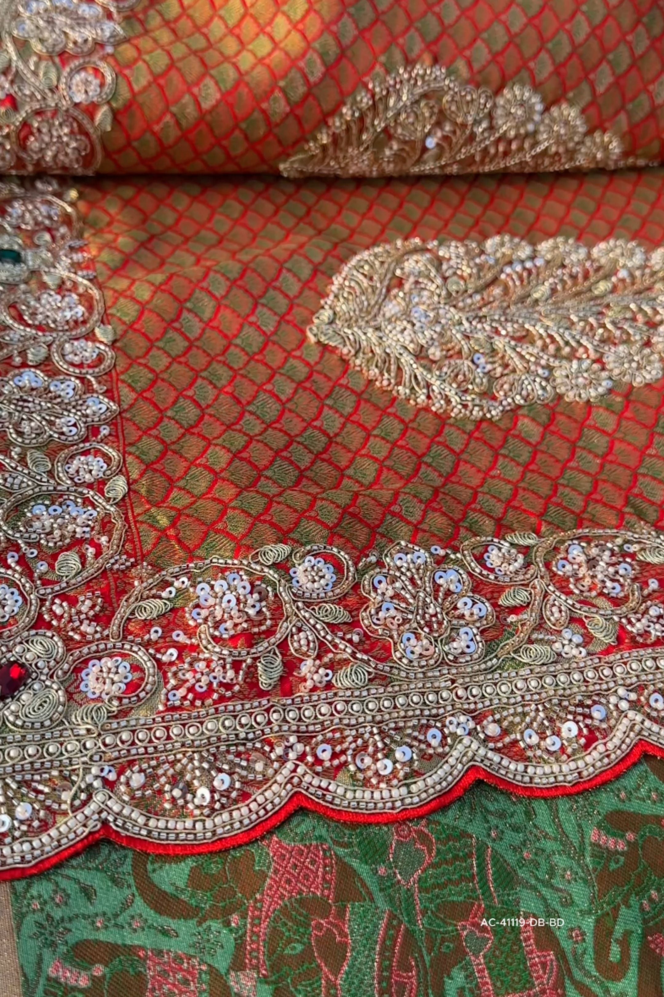 Red Rani Brocade Unstitched Saree Embellished With Sequins, Moti, Dabka & Cutdana Work