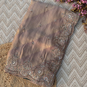 Mauve Brocade Unstitched Saree Embellished With Zari, Sequins & Cutdana Work