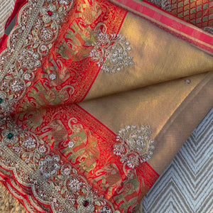 Red Rani Brocade Unstitched Saree Embellished With Sequins, Moti, Dabka & Cutdana Work