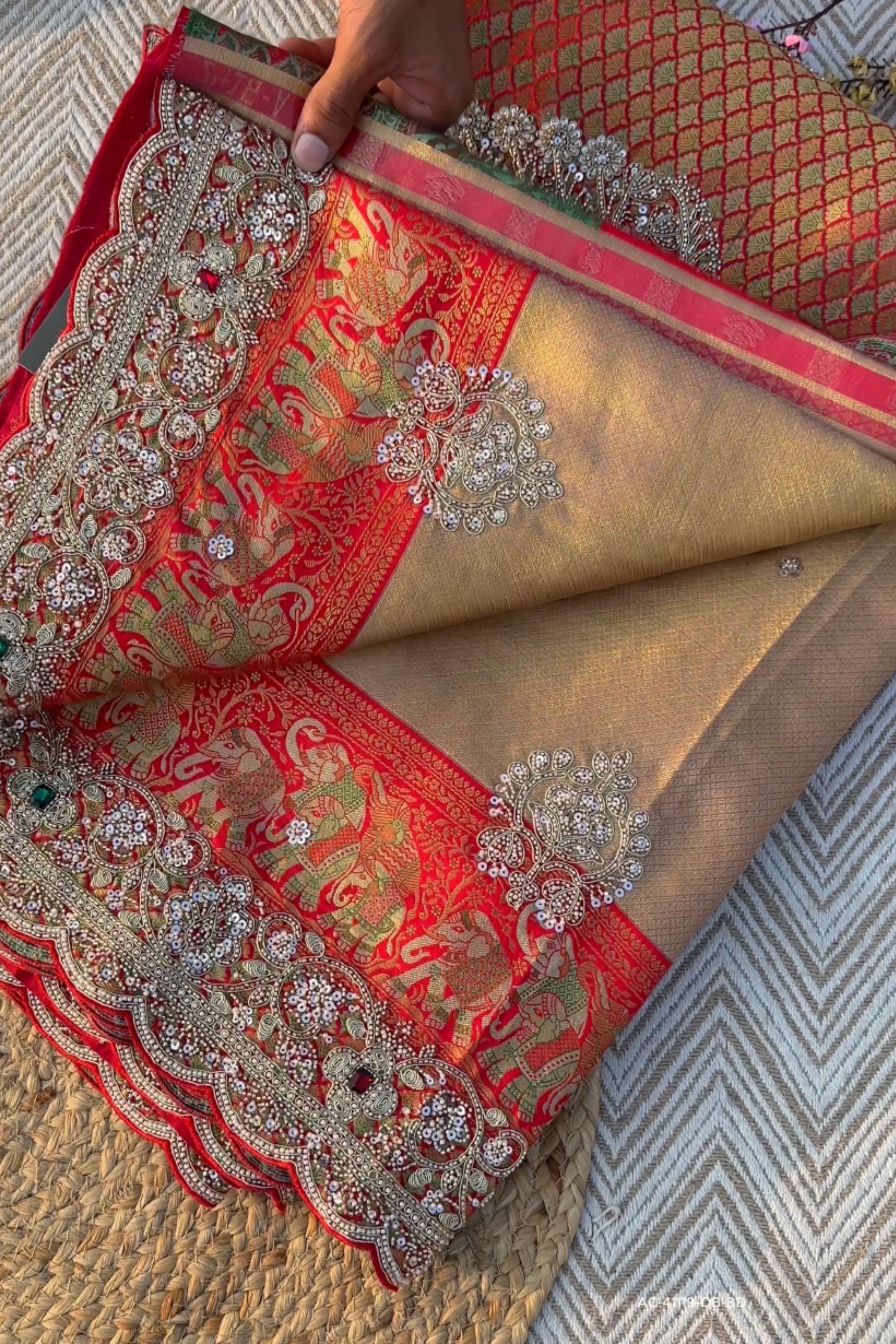 Red Rani Brocade Unstitched Saree Embellished With Sequins, Moti, Dabka & Cutdana Work