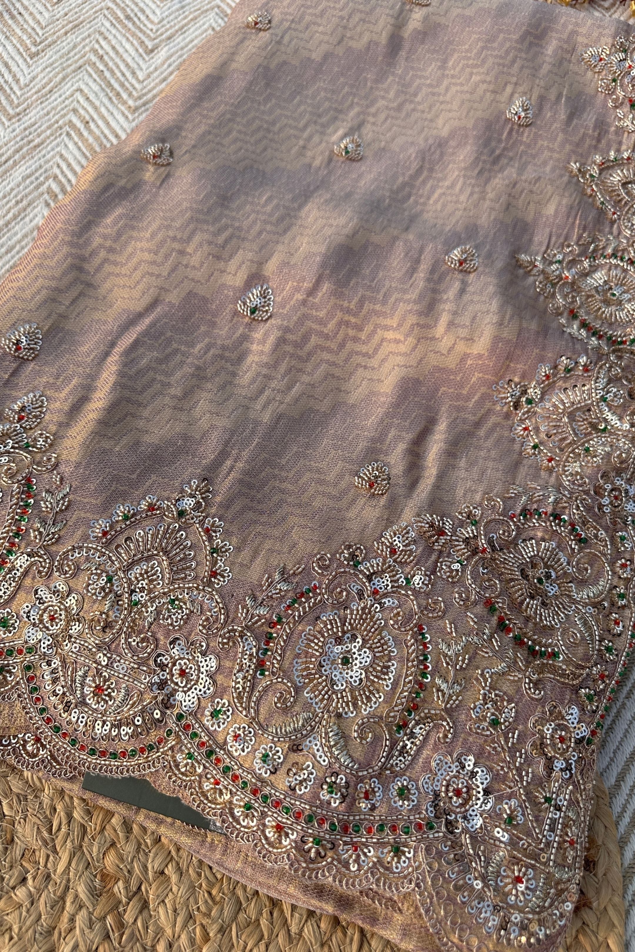 Mauve Brocade Unstitched Saree Embellished With Zari, Sequins & Cutdana Work