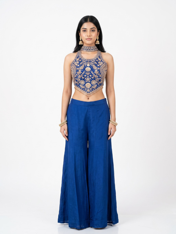 Blue Chinon Indo Western with Cutdana, Sequins and Dabka Embroidery 1