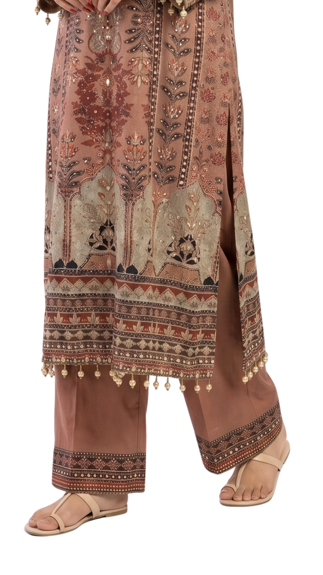 Brown Muslin Fabric Gota Pati Digital Print Sequins